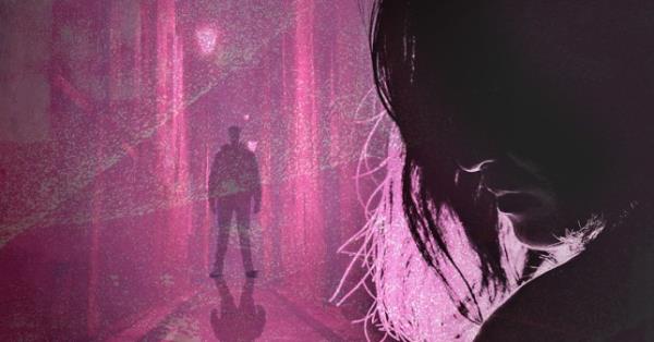 A composite graphic in black and pink, showing the silhouette of a man standing in a darkened alley, and a woman's side profile in silhouette in the right side of the picture.